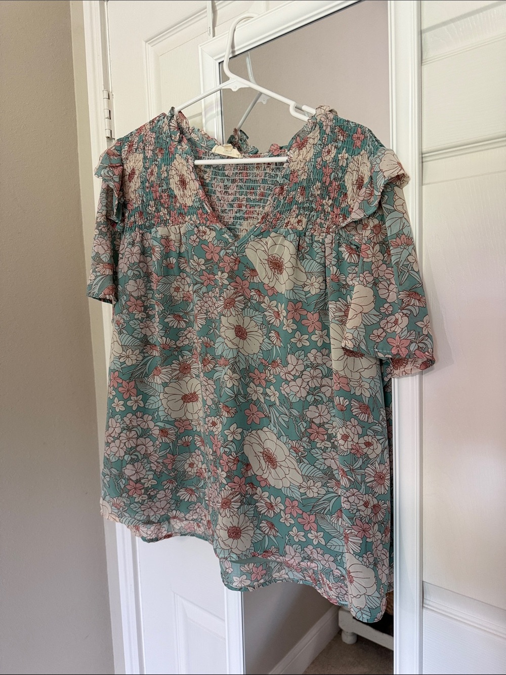 entro Sage Green Floral Smocked V-Neck Blouse